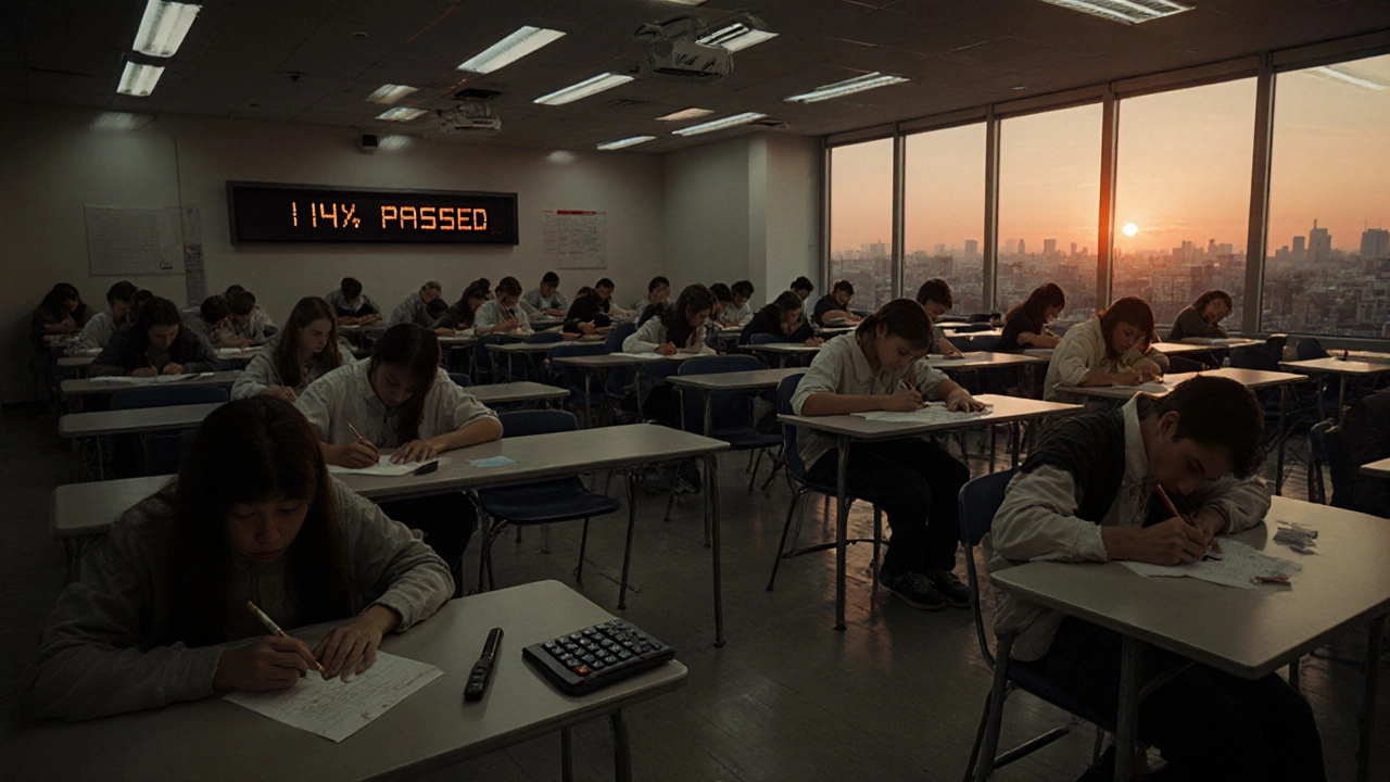An empty exam hall with only a few students writing as dawn breaks outside.