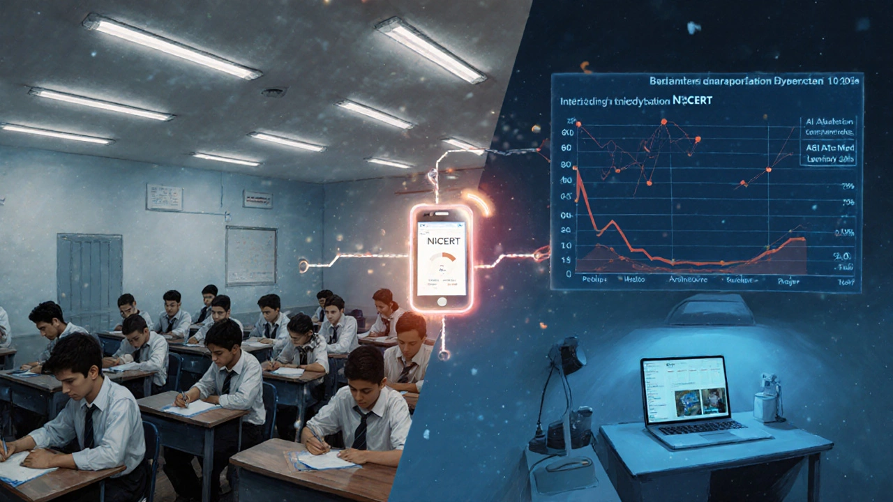 Conceptual split image showing Kota&#039;s rigid classroom and Hyderabad&#039;s AI progress tracker connected by NCERT.