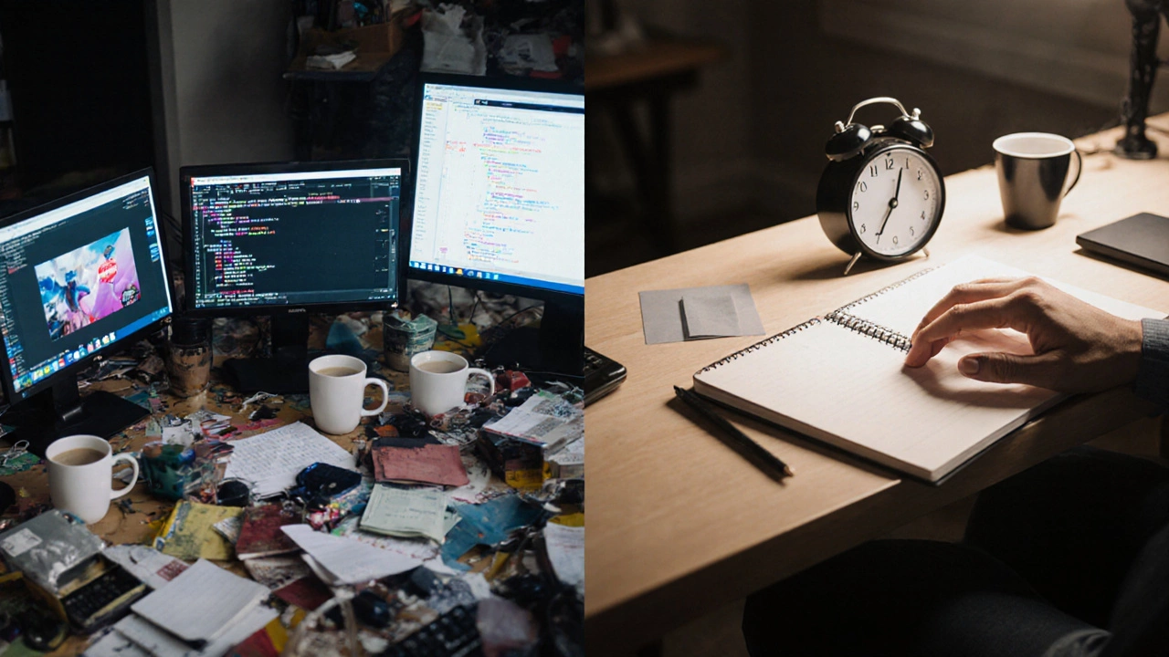 Contrasting cluttered vs. minimalist coding workspaces showing effective vs. ineffective practice.