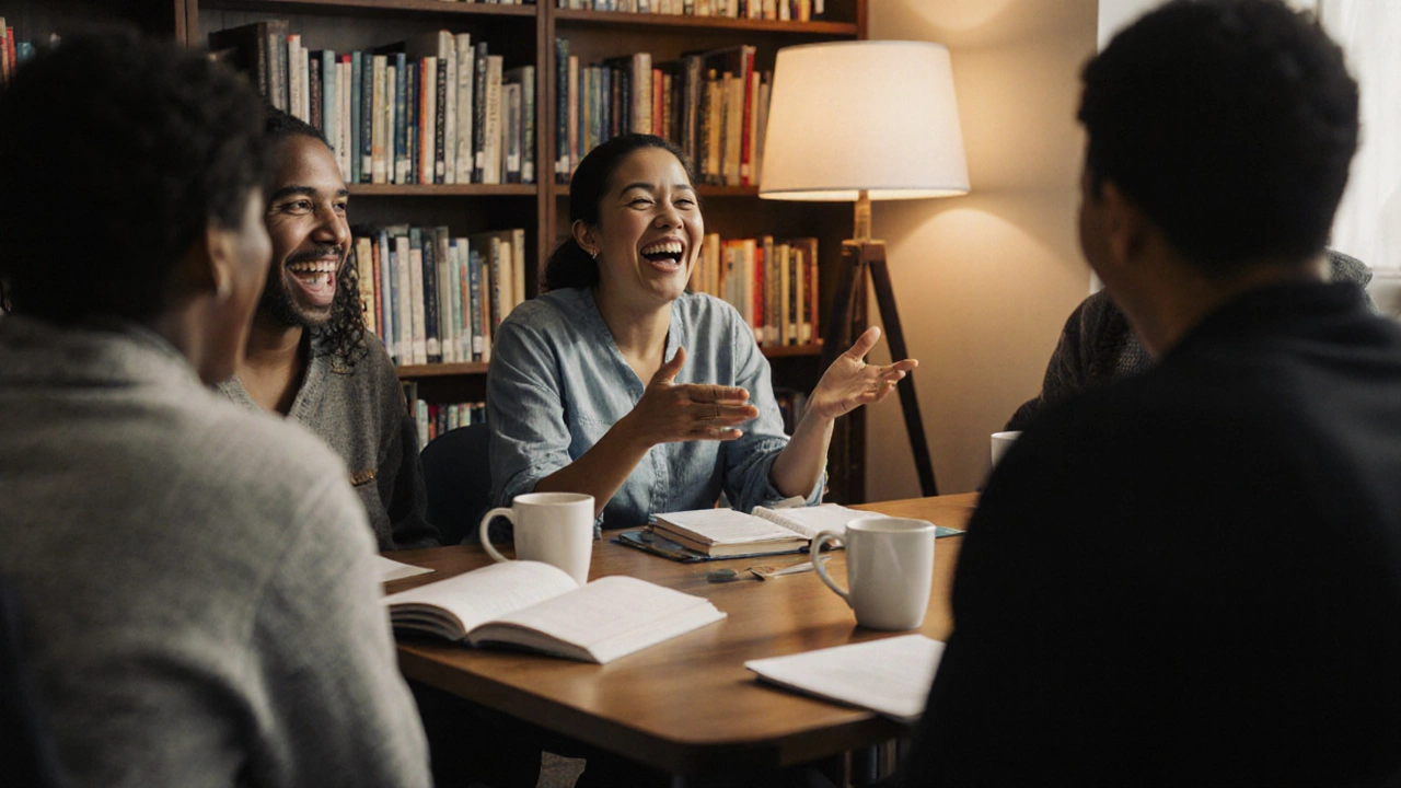 Group of people chatting comfortably in a library, laughing while speaking English together.