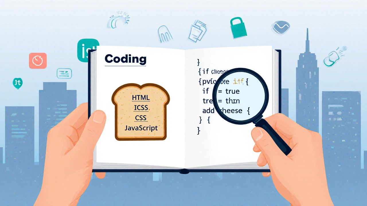 Hands cooking a sandwich labeled as code components, with a magnifying glass over an if-statement.