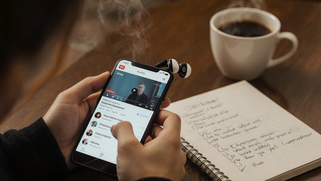 Hands holding earbuds next to a paused English learning video and notebook with phonetic notes.
