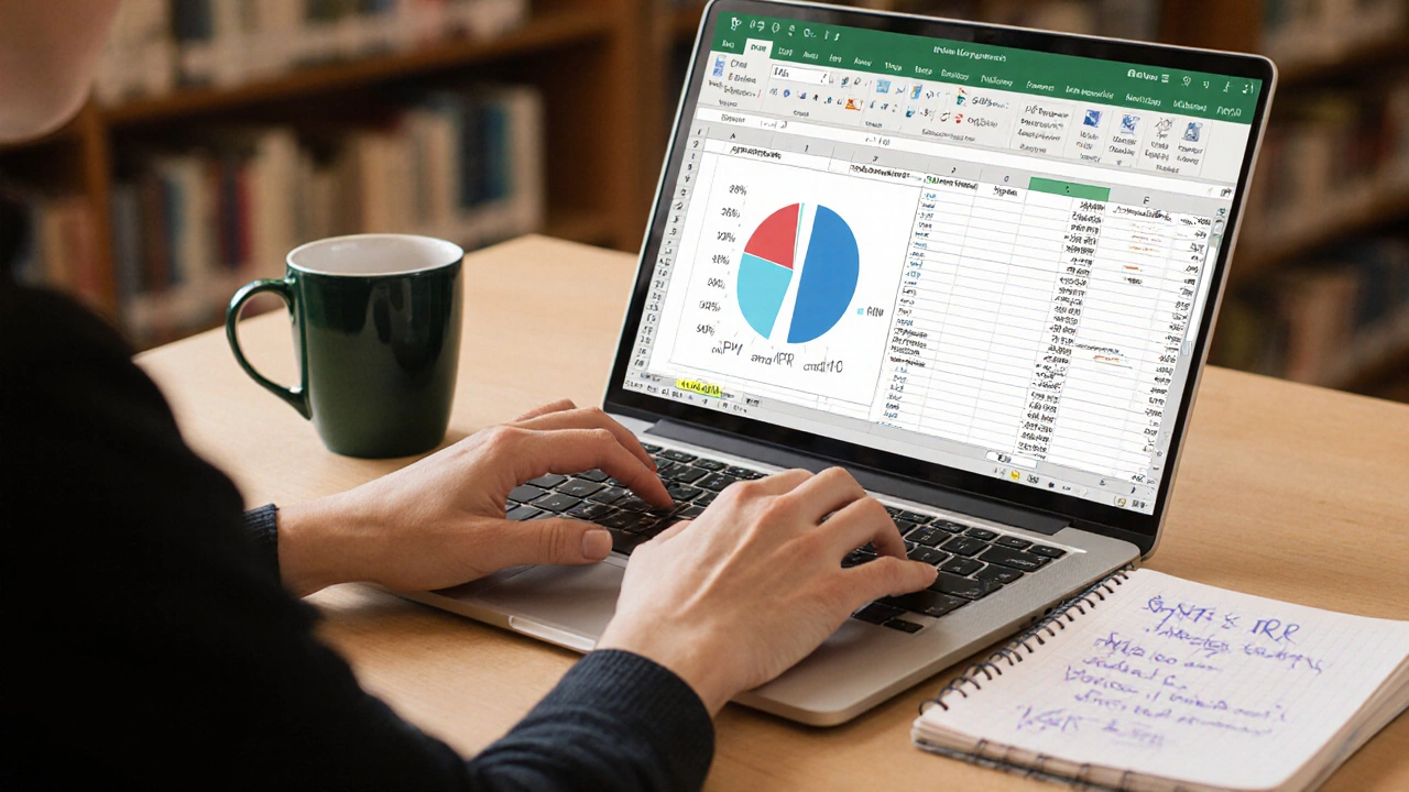 Hands working on a laptop with Excel chart and notes on financial metrics nearby.