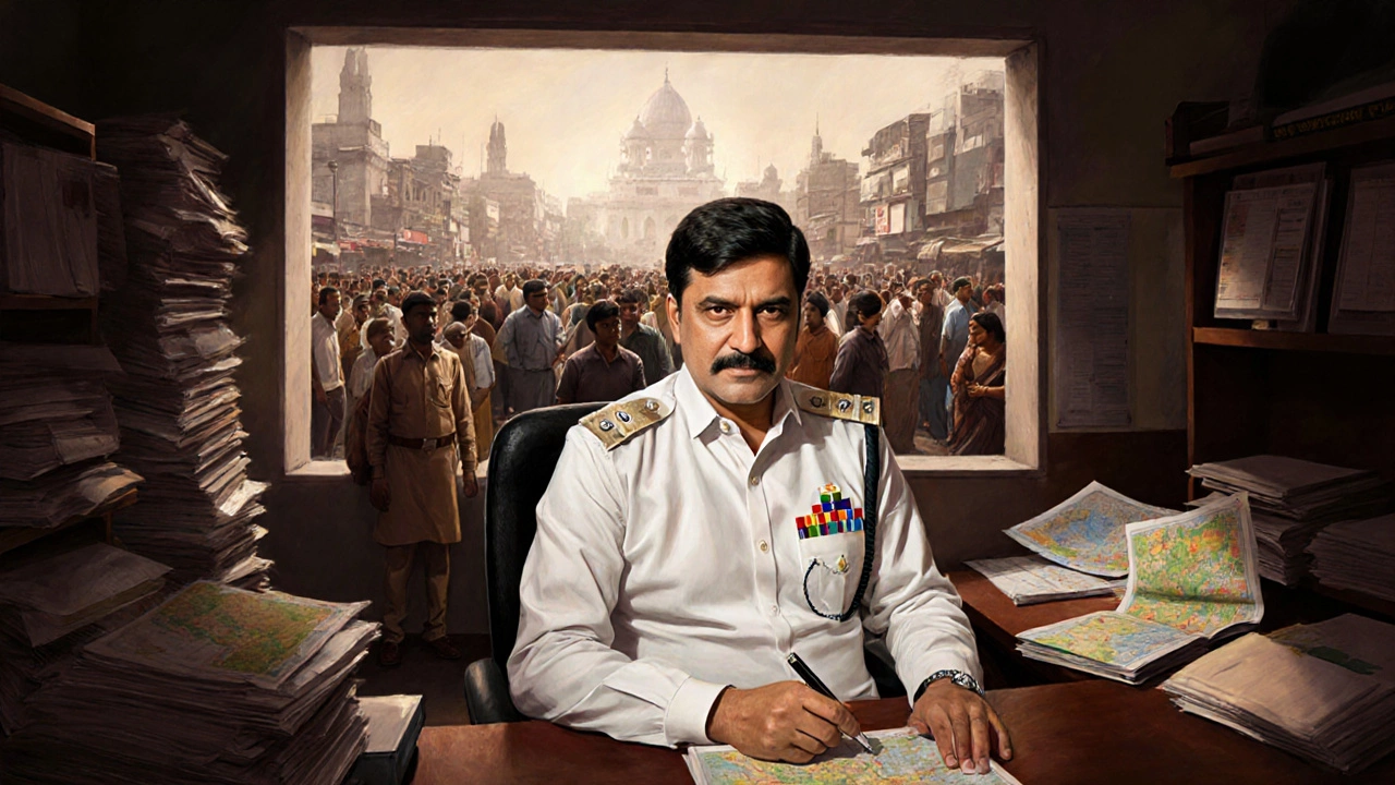 IAS officer in district office surrounded by citizens and maps, symbolizing public responsibility.