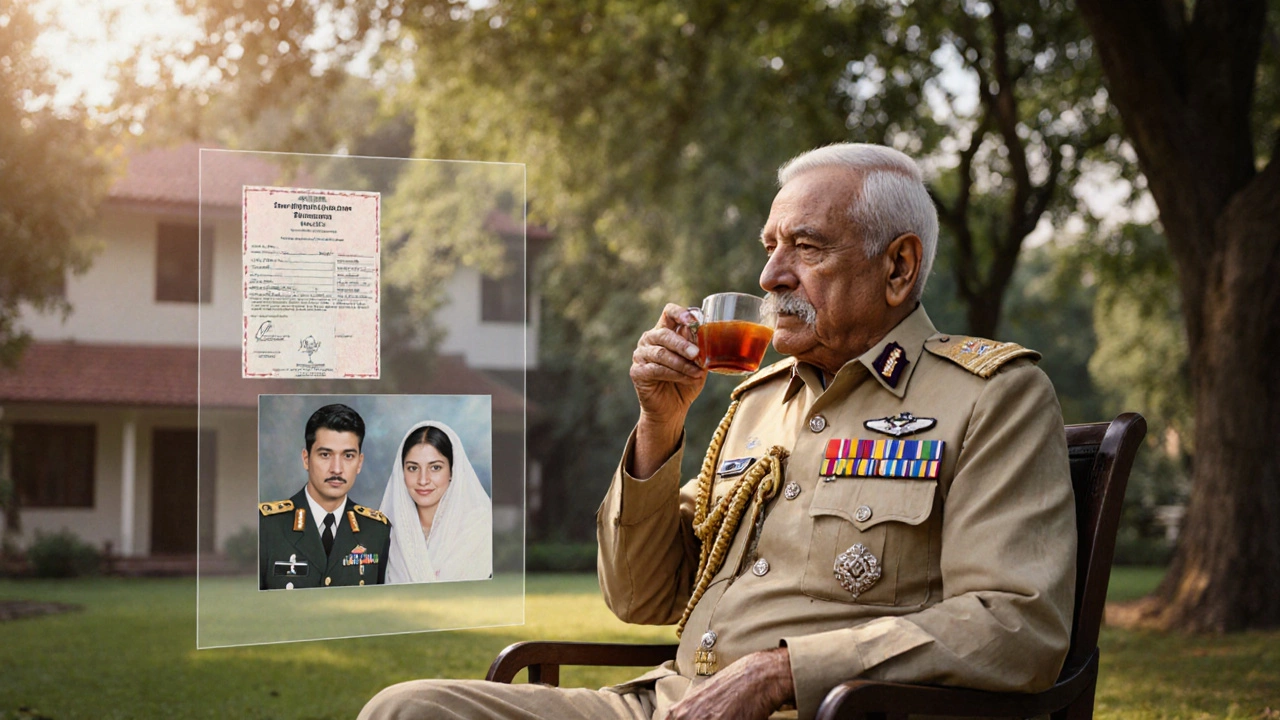 Retired Army General in garden with medals, pension slip, and family photo floating softly in background.