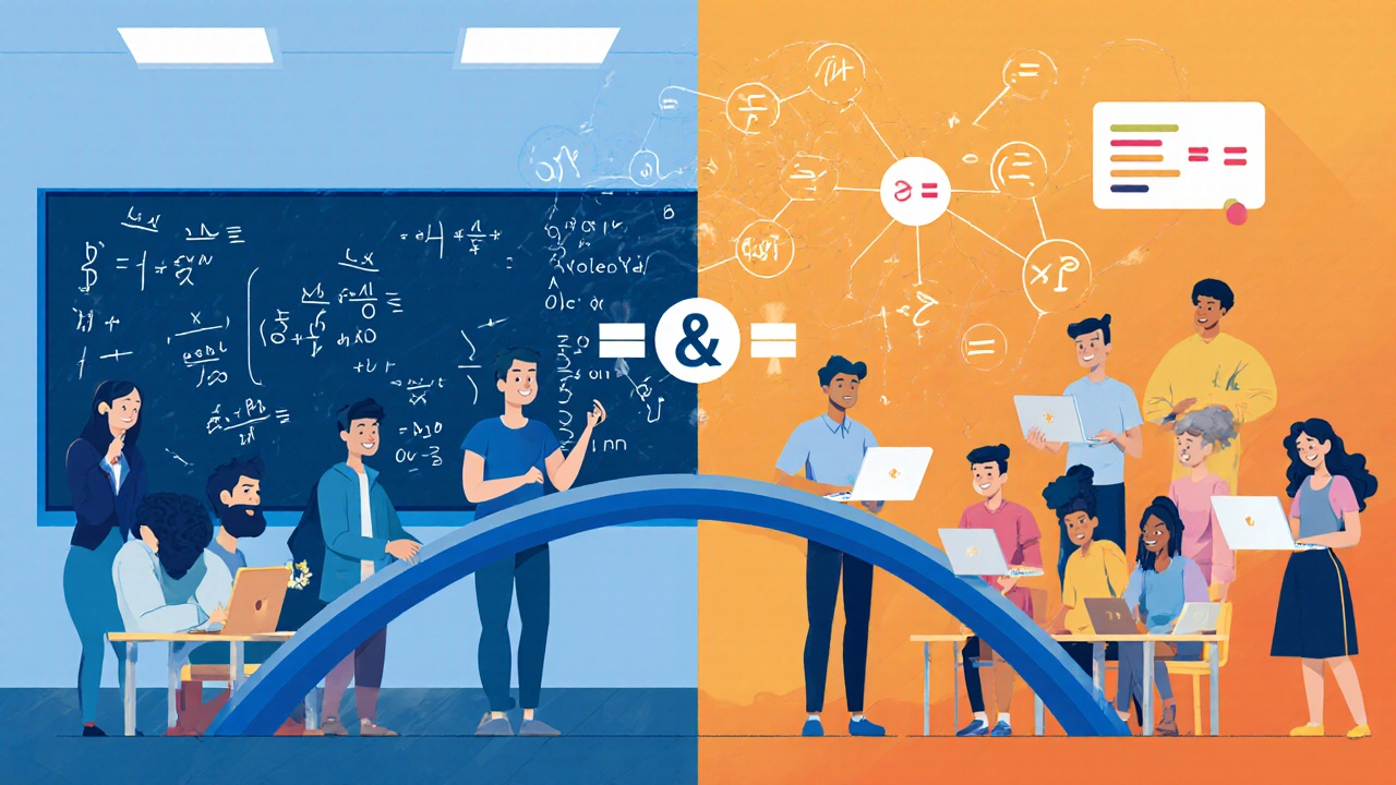 Split scene: frustrated math lecture vs. collaborative coding bootcamp connected by logic symbols.
