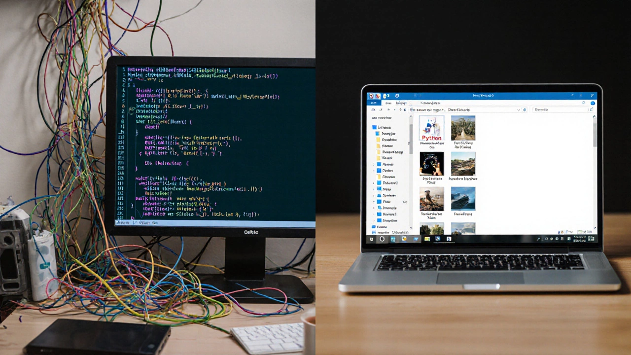 Split-screen contrast: messy complex code vs. clean Python script automating photo files.