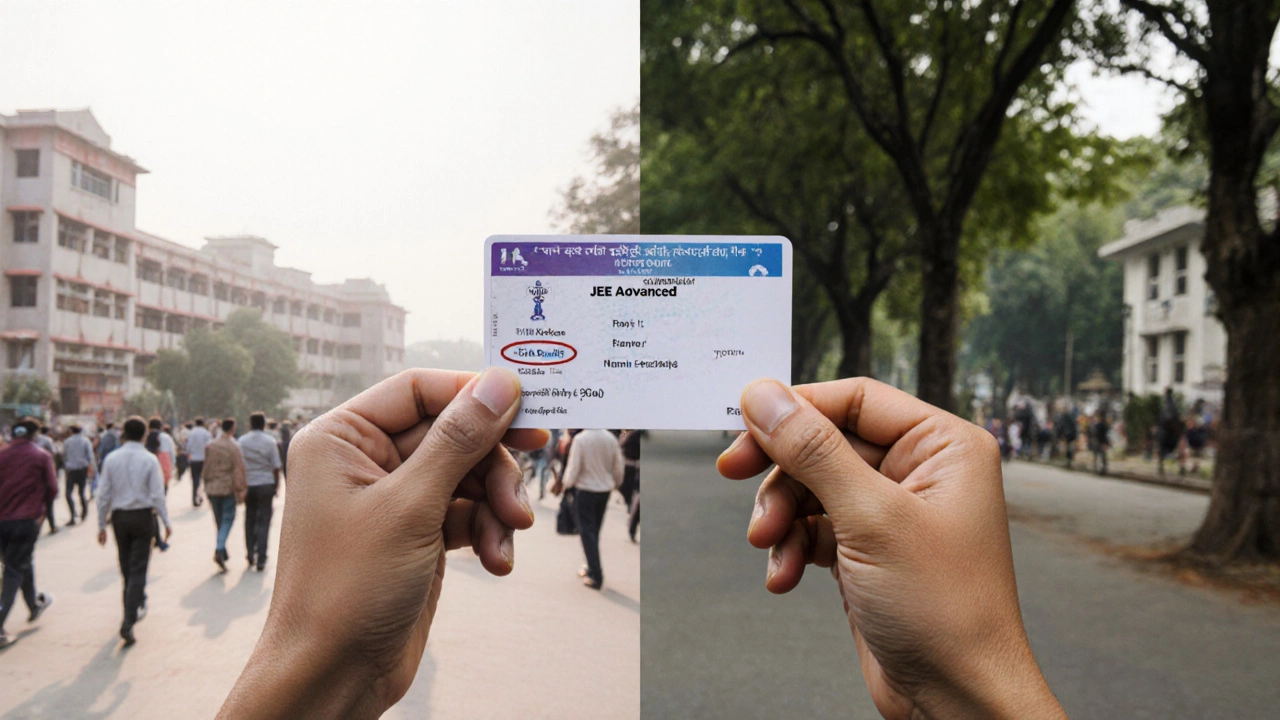 Student holding JEE Advanced rank card, background split between IIT Roorkee and IIT Mandi.