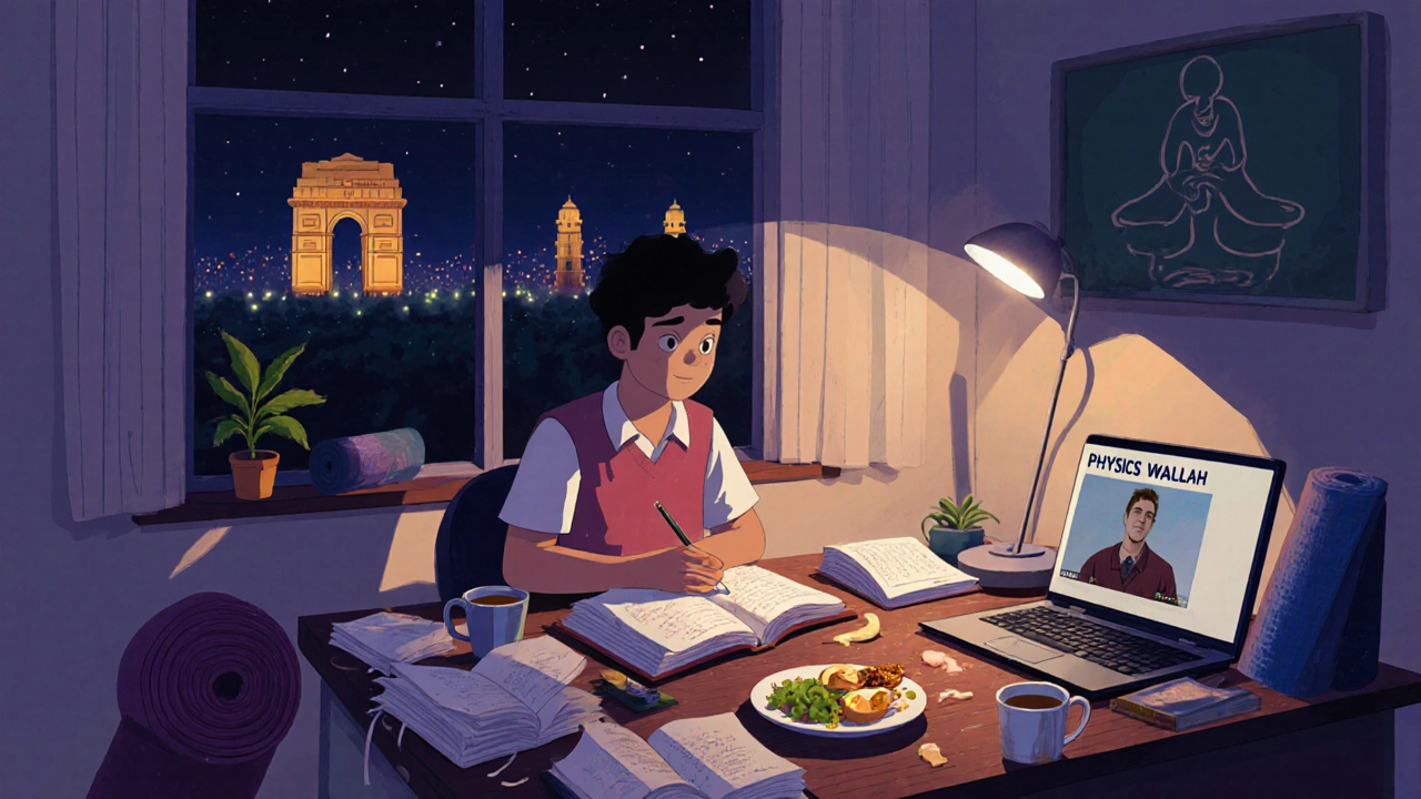 Student studying at night in Delhi with NCERT books, laptop, and India Gate visible through the window.