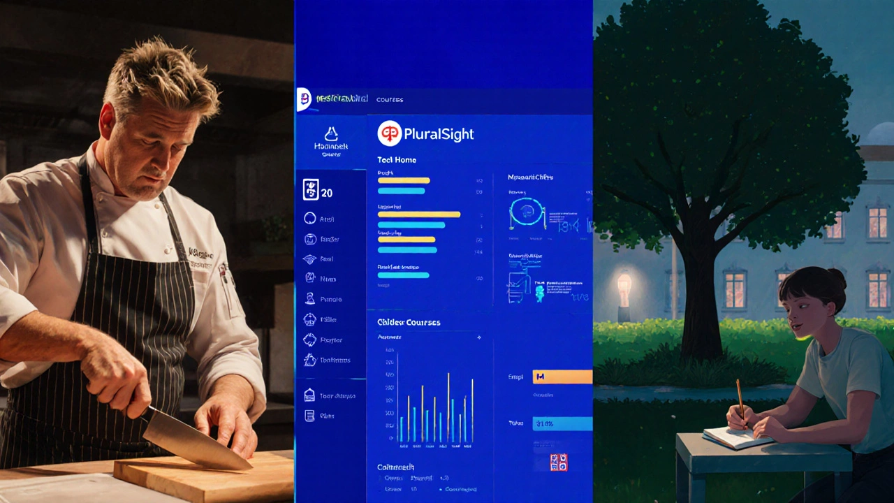 Three distinct eLearning experiences: MasterClass, Pluralsight, and edX in a conceptual split-screen.
