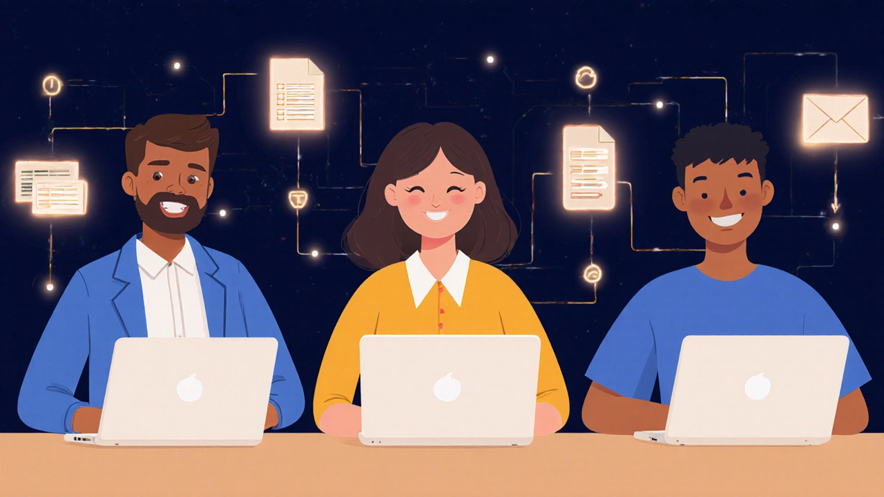 Three people using Python to solve real-life tasks: grading, inventory, and file organization.