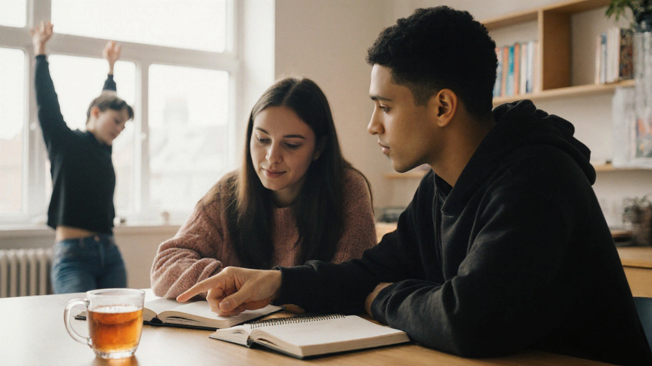 Two students studying together calmly, sharing tea and quiet conversation.