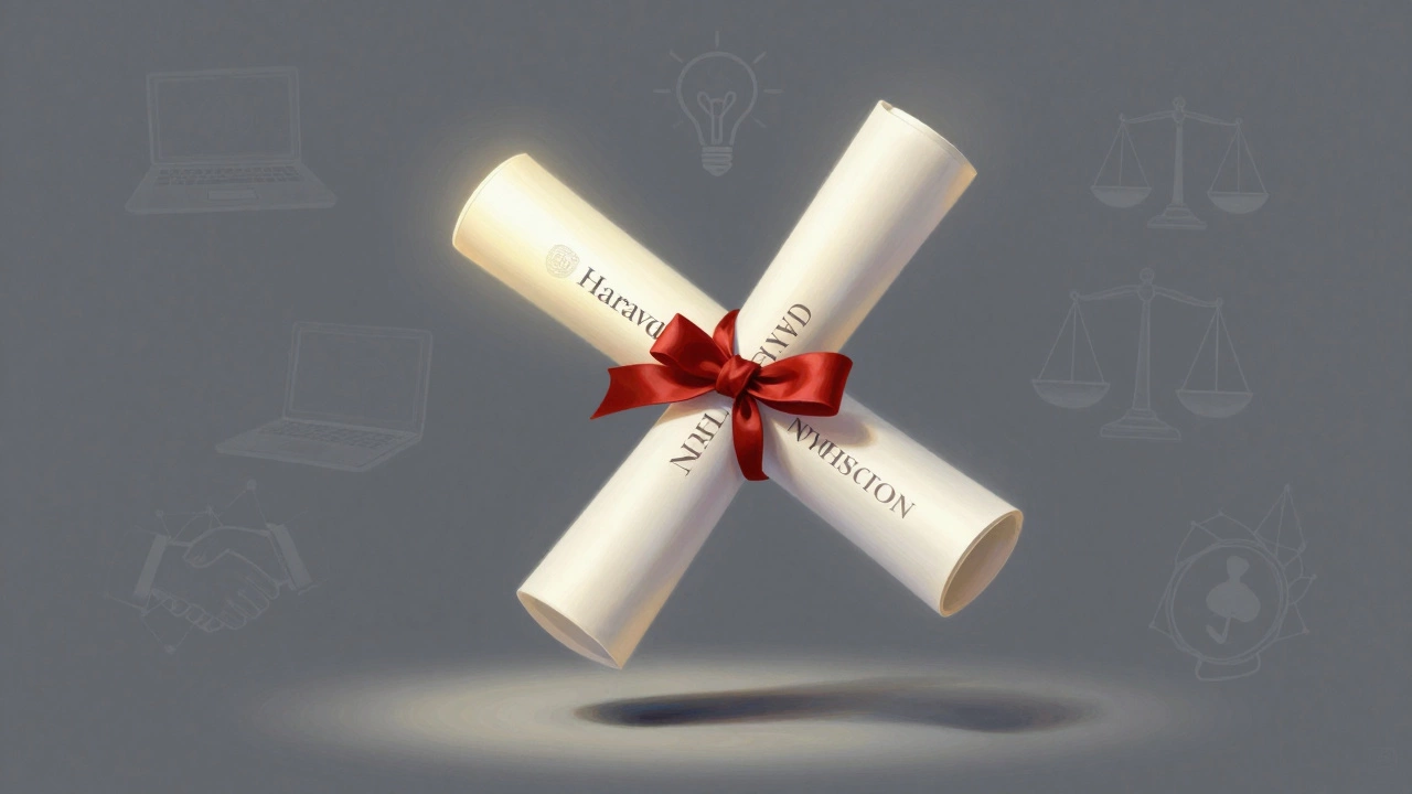 A floating diploma with half branded by top schools and half symbolizing alternative paths.