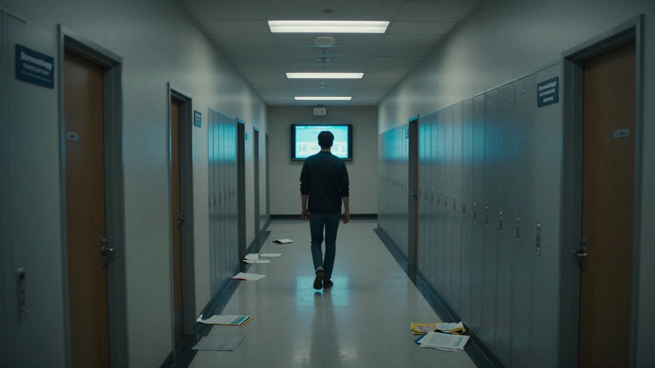 A student walks away from a score screen down a dim hallway marked with competitive residency doors.