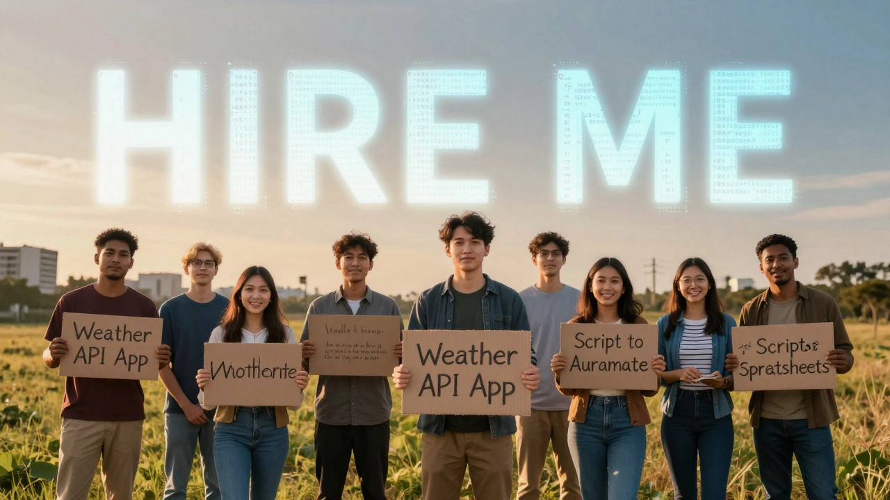 Diverse individuals holding project signs in front of a glowing &#039;HIRE ME&#039; code sign.