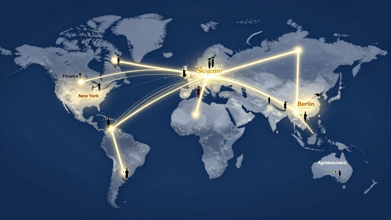 Global map showing interconnected paths from MBA schools to international job hubs.
