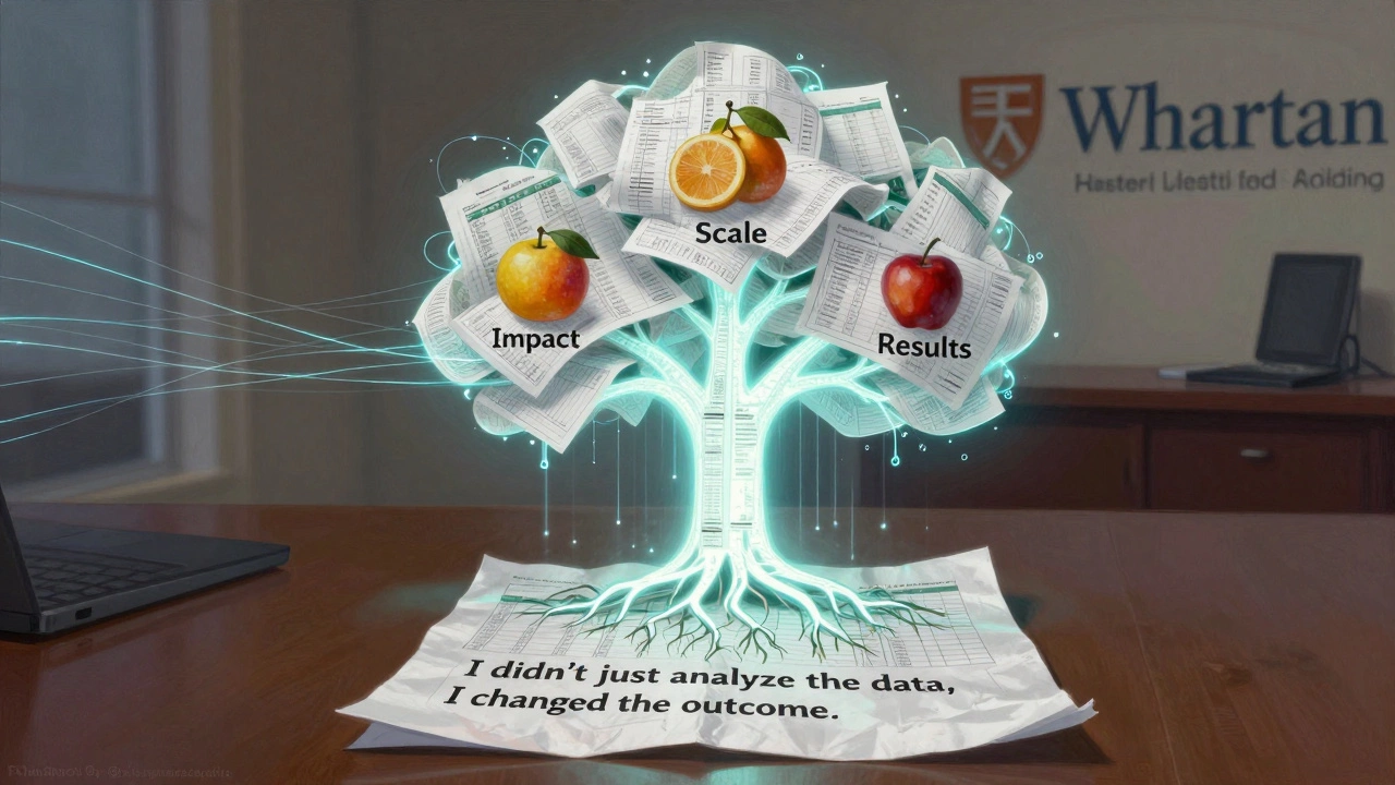 Glowing financial model above a desk, data streams forming a tree with impact-themed fruit.