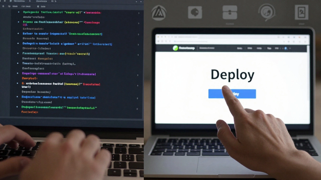 Hand typing code with error messages on one side, deploying a successful app on the other.