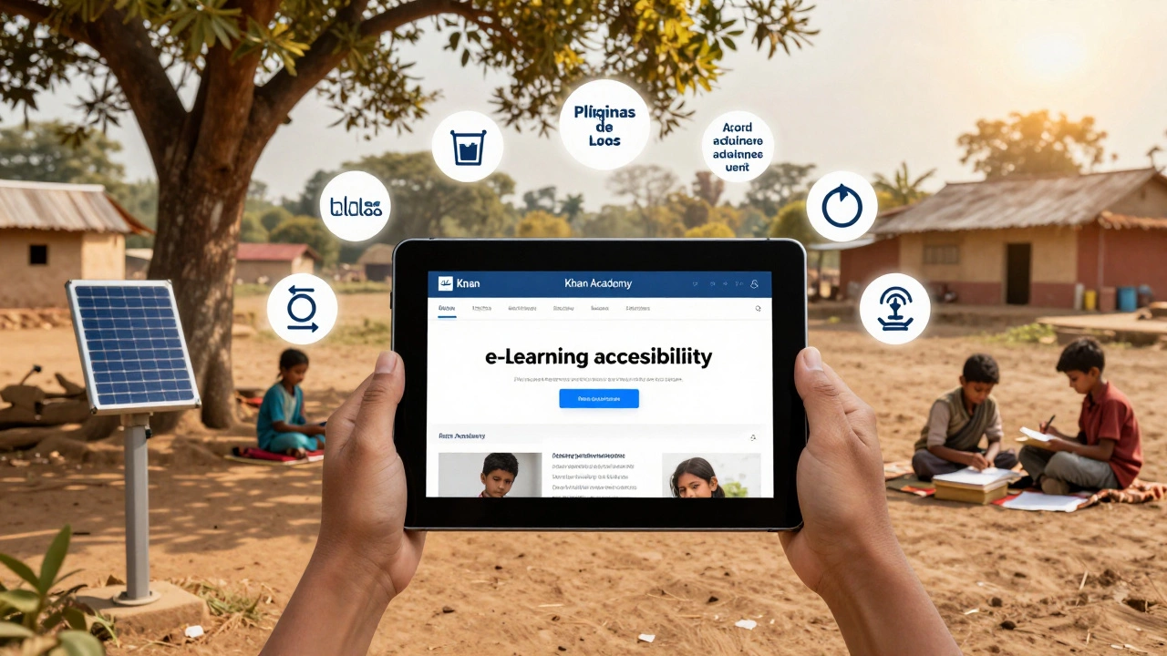 Khan Academy tablet in a rural Indian setting with offline learning icons and solar chargers under sunlight.