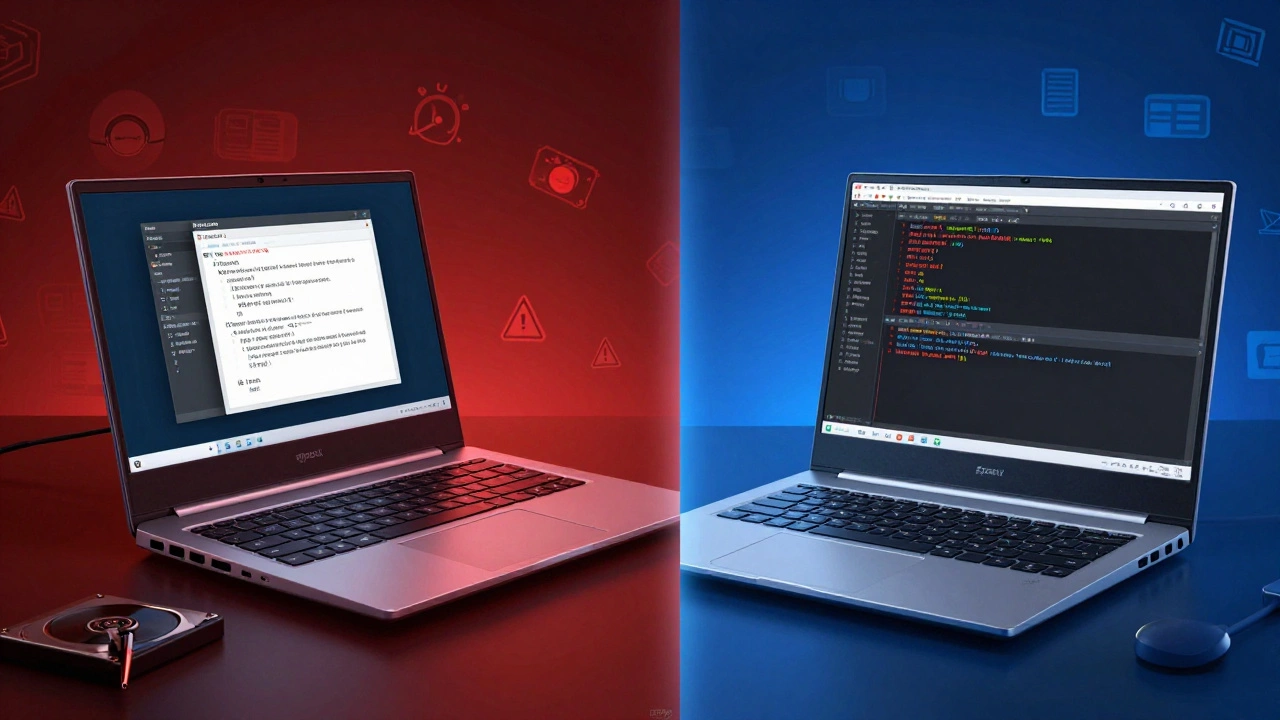 Old slow laptop vs modern fast laptop side by side for coding.