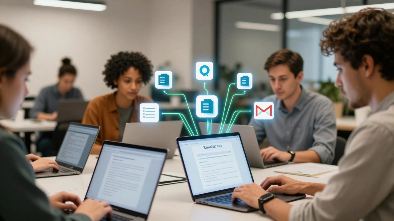 Person automating workflows with Zapier using connected app icons in a co-working space.