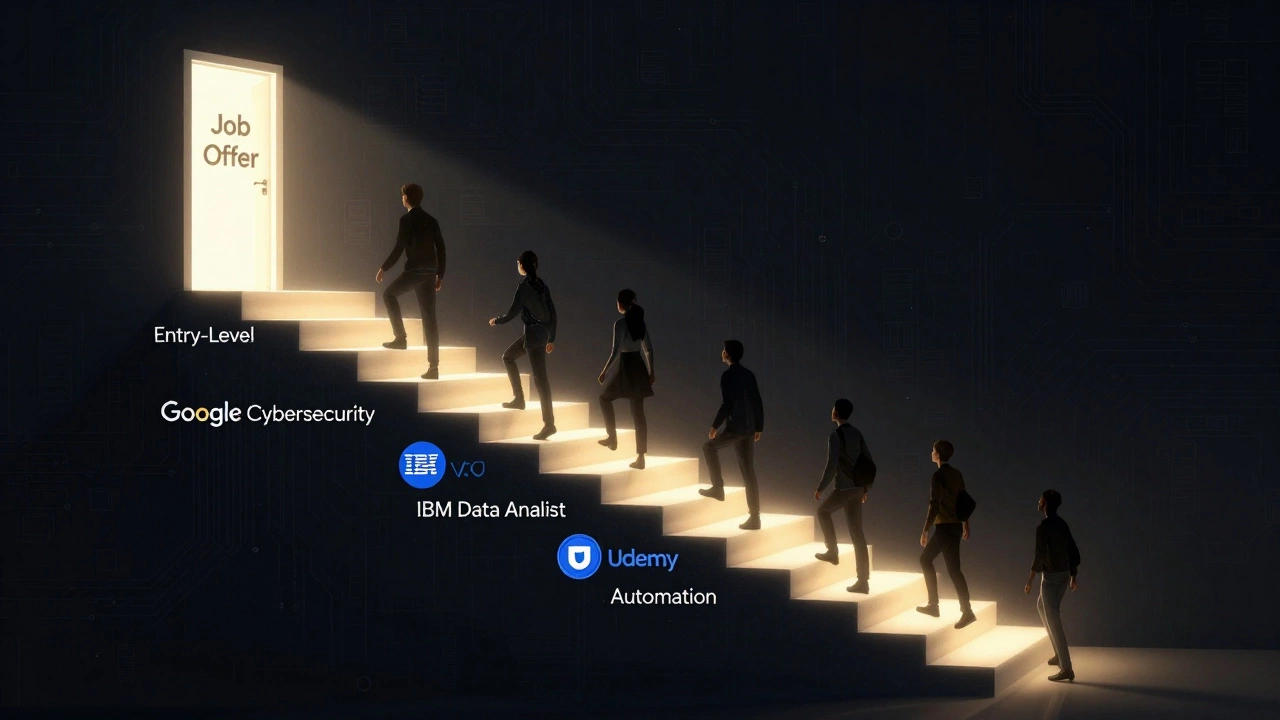 Staircase of online course certificates leading to a job offer door in symbolic illustration.