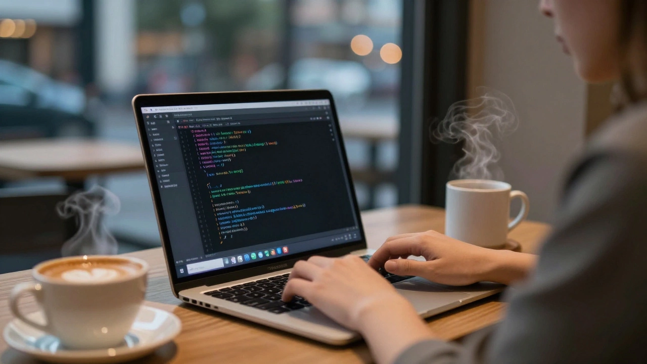 Student coding on a MacBook Air M2 in a quiet café at dusk.