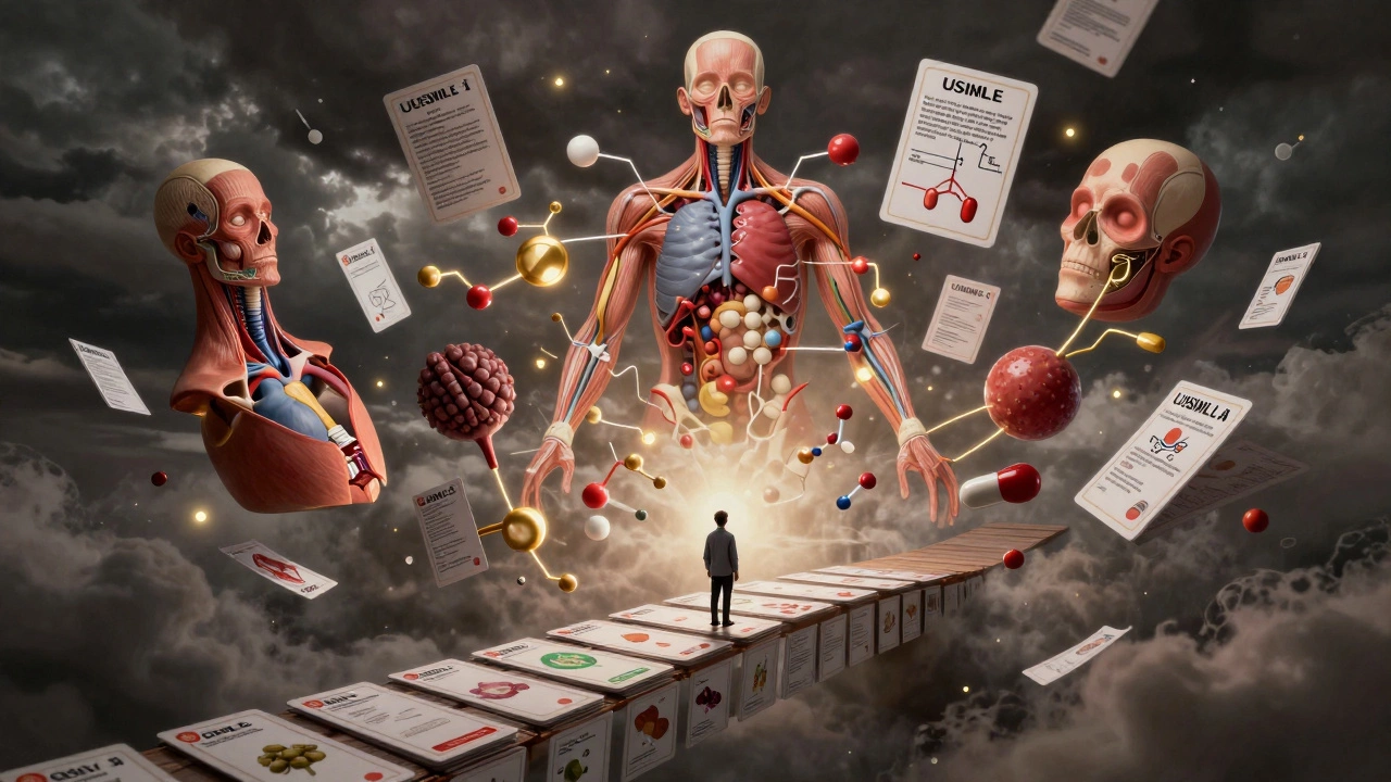 Surreal visualization of biochemical pathways and medical concepts swirling around a overwhelmed student.