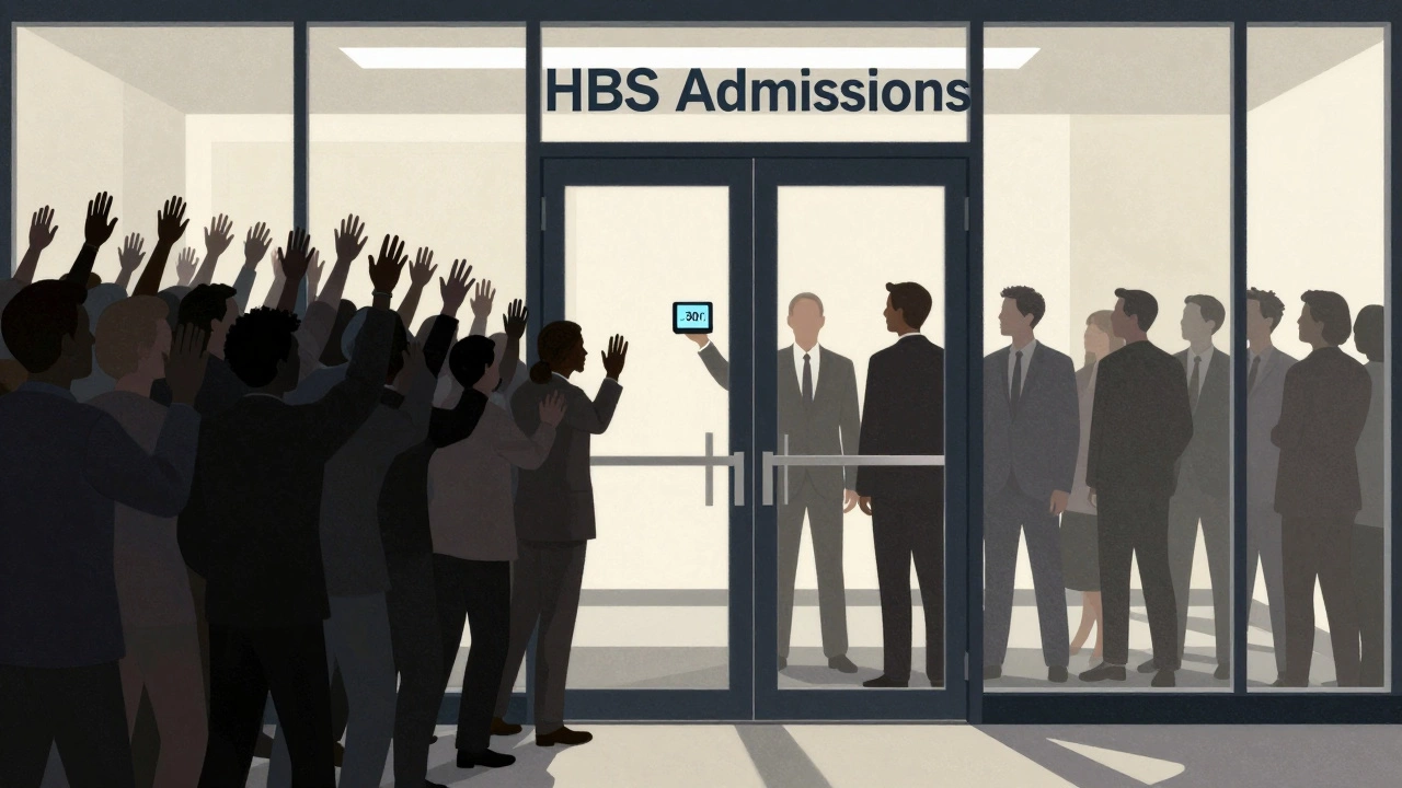 Thousands of applicants outside a glass door labeled HBS, three insiders with interview timer.