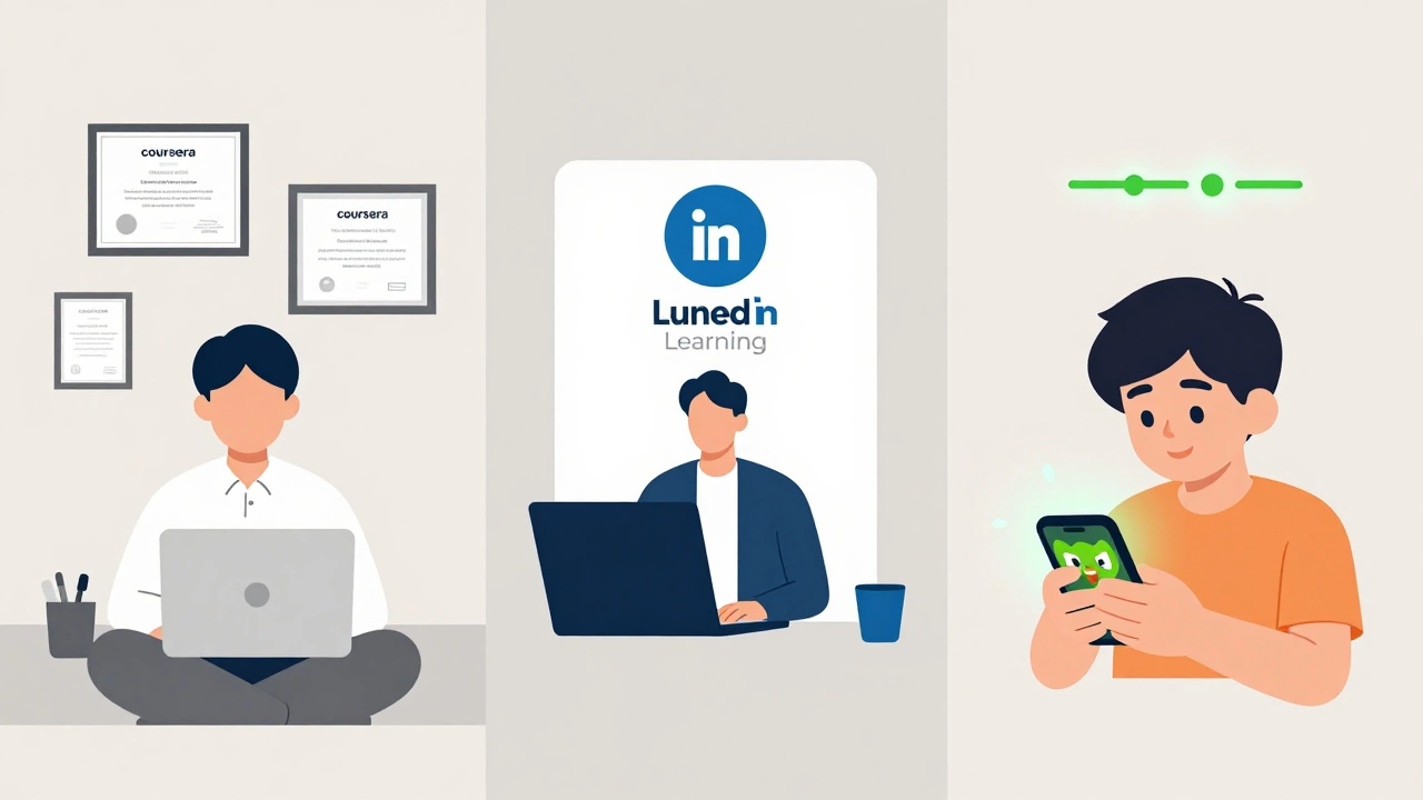 Three learning paths visualized: Coursera certificates, LinkedIn badges, and Duolingo streaks in minimalist digital art.