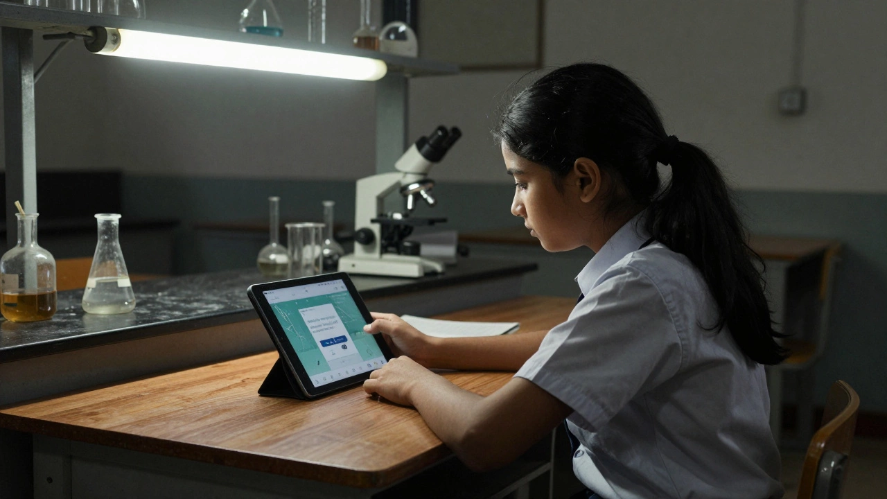 A girl in a rural school using a tablet for CBSE lessons, surrounded by an empty science lab.