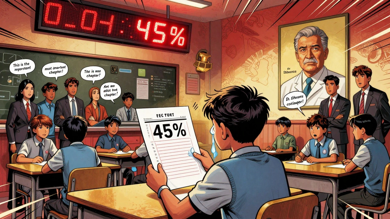 A student devastated by a low NEET mock score, surrounded by tutors and a giant portrait of Dr. Sharma in a coaching center.