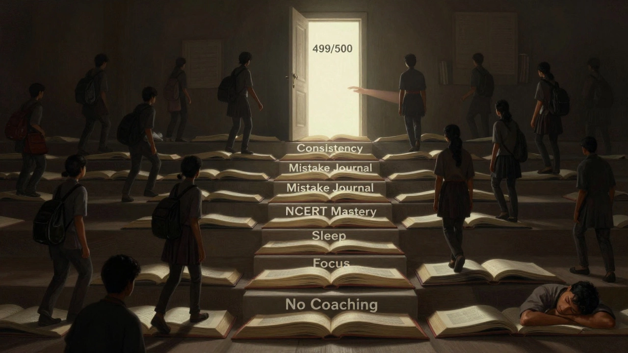 A symbolic staircase of textbooks leading to a glowing 499/500 score, with students climbing different paths.