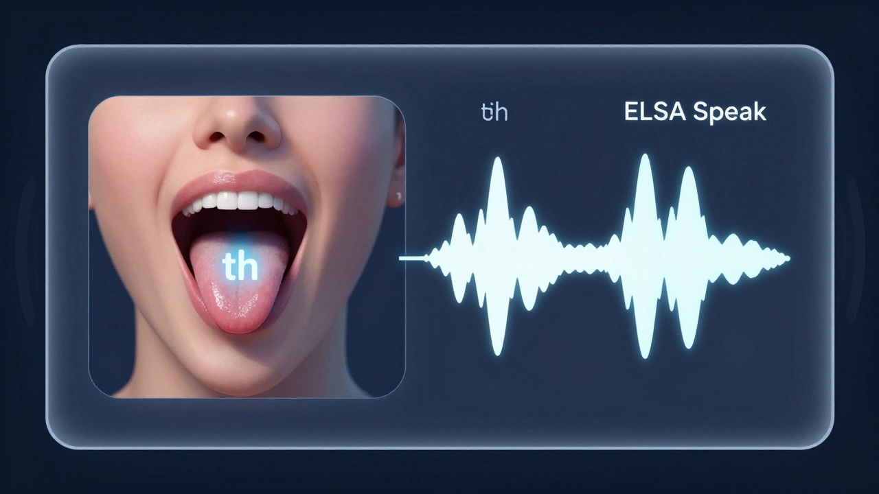 A visual breakdown of pronunciation showing tongue position and sound wave comparison for the 'th' sound in ELSA Speak.