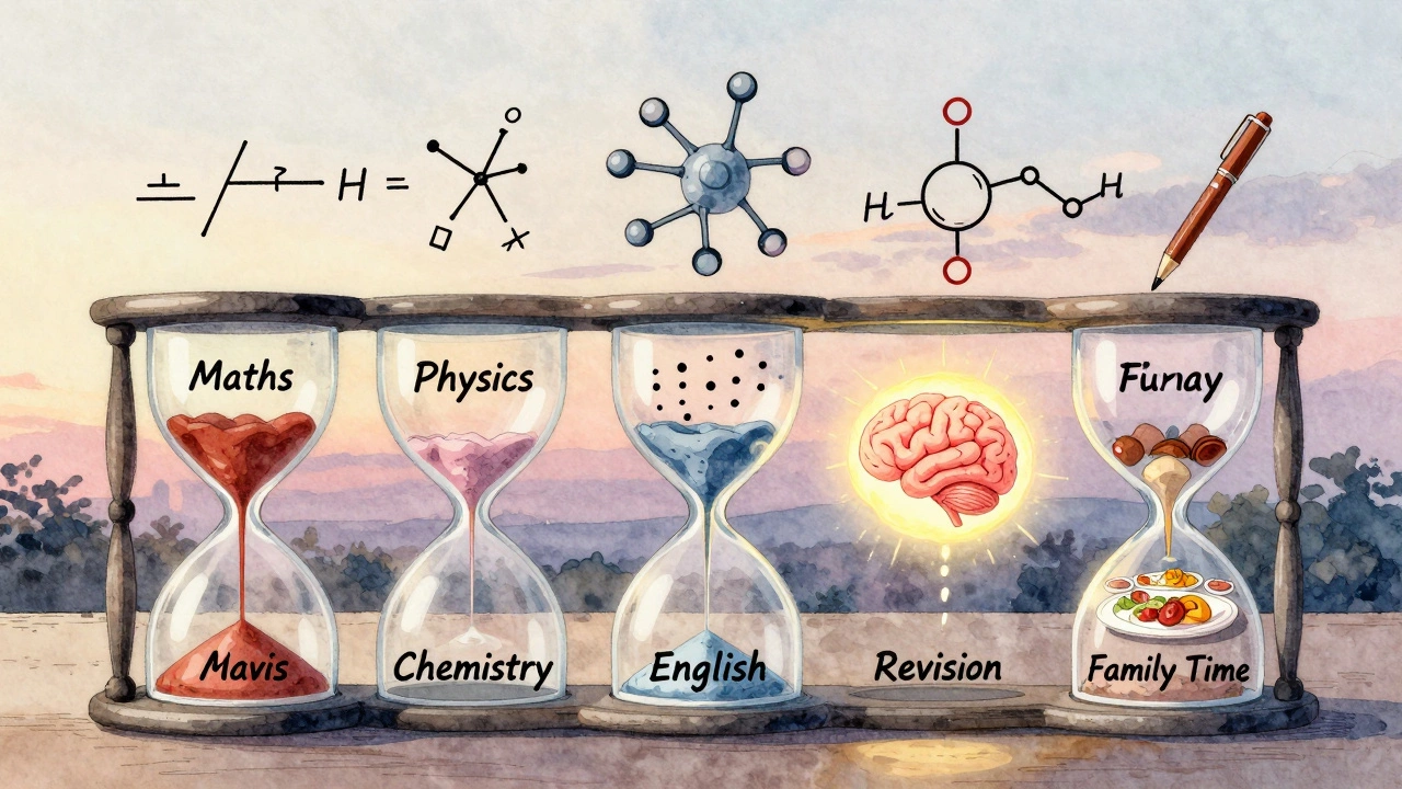 An artistic hourglass with subject-themed symbols representing a balanced daily study routine.