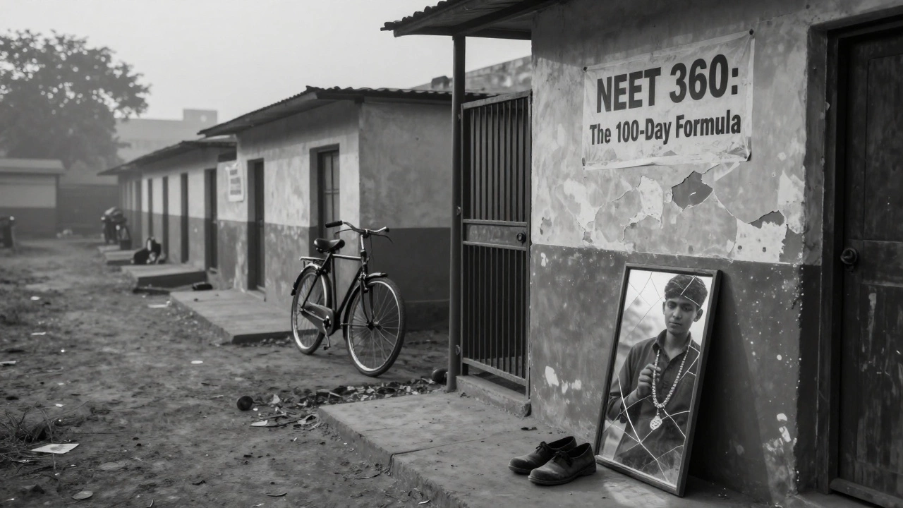 An empty NEET coaching campus at dawn with a single pair of shoes and a peeling book poster, evoking quiet sacrifice.