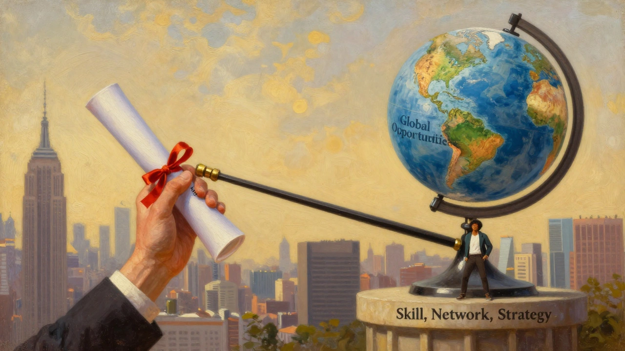 An MBA diploma transforms into a lever lifting a globe, symbolizing global opportunity through strategy and network.