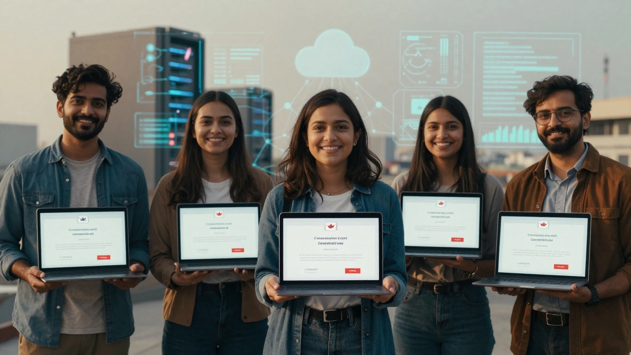 Diverse individuals receiving job offer emails after completing online tech courses.