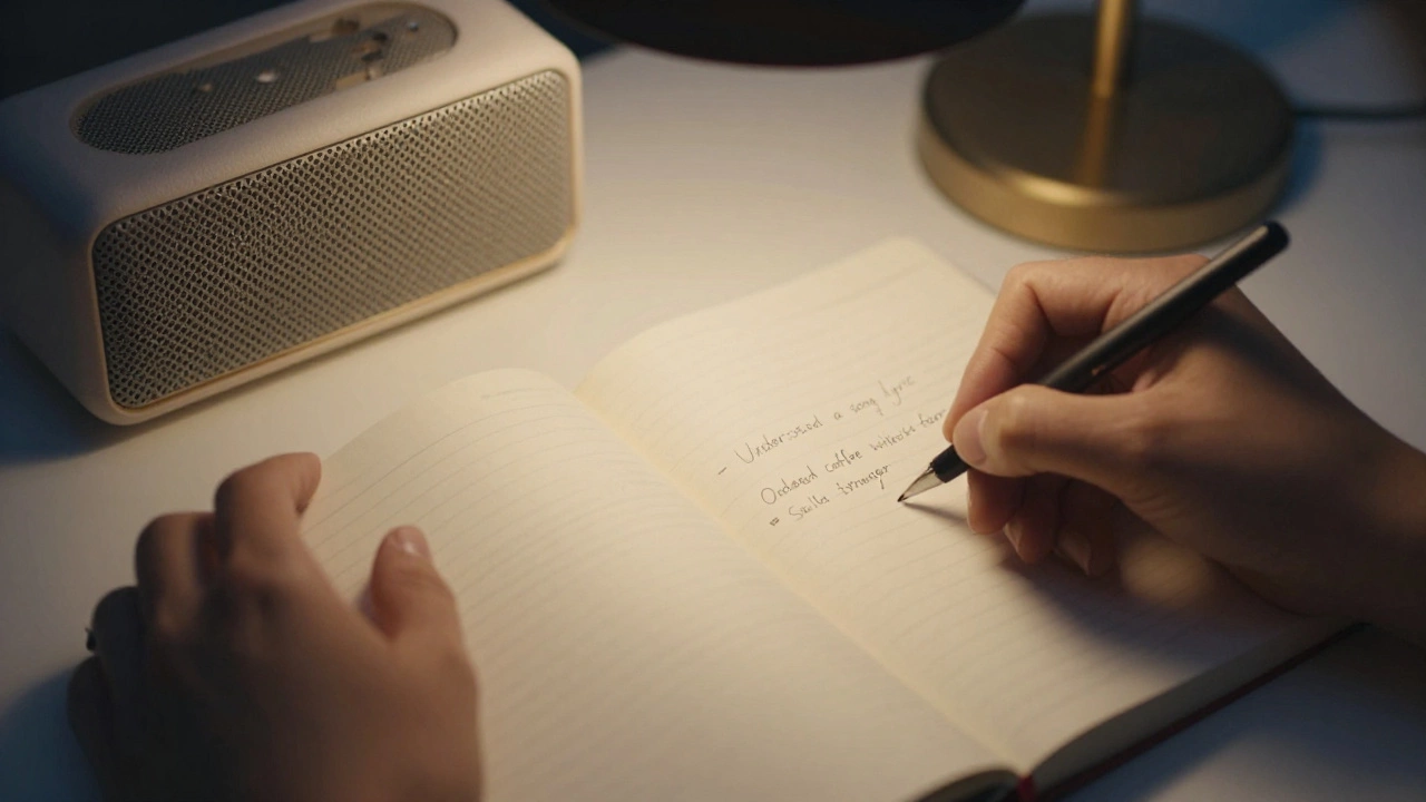 Hands writing daily progress notes in a journal with a podcast playing nearby.