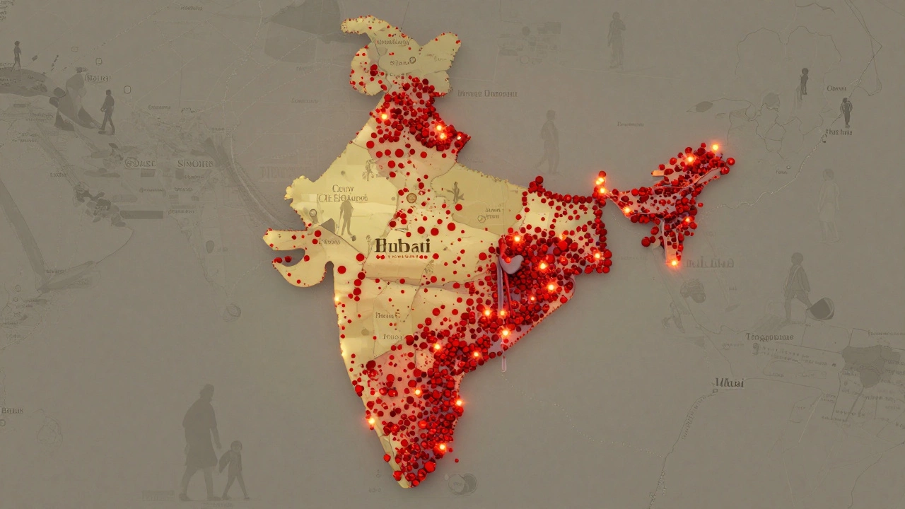 Map of India with glowing dots showing CBSE school locations across the country and abroad.