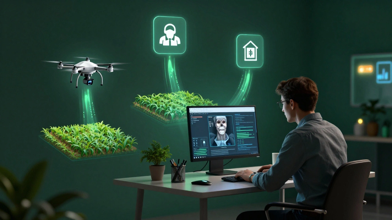 Remote coder connected to healthcare, agriculture, and finance applications through flowing code streams.