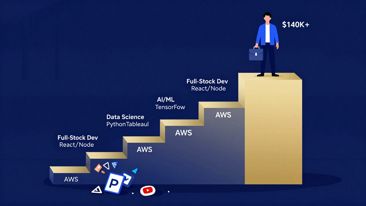 Salary staircase graph showing tech skills rising above discarded creative course icons.