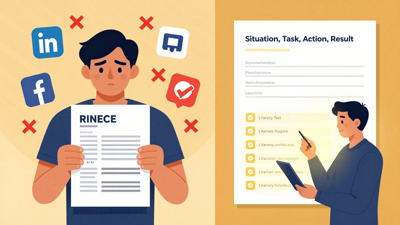 Split image: chaotic job search vs. organized government application with clear steps.
