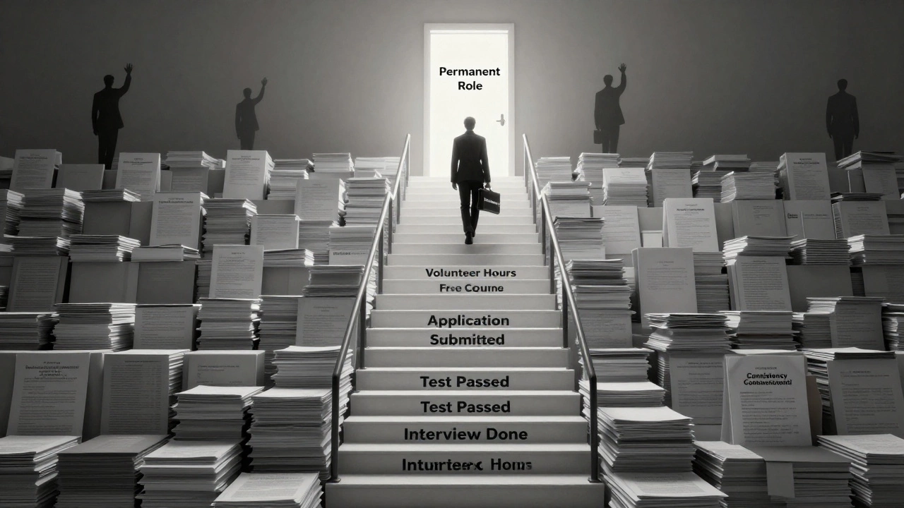 Staircase of documents leading to a glowing government job door, one person climbing steadily.