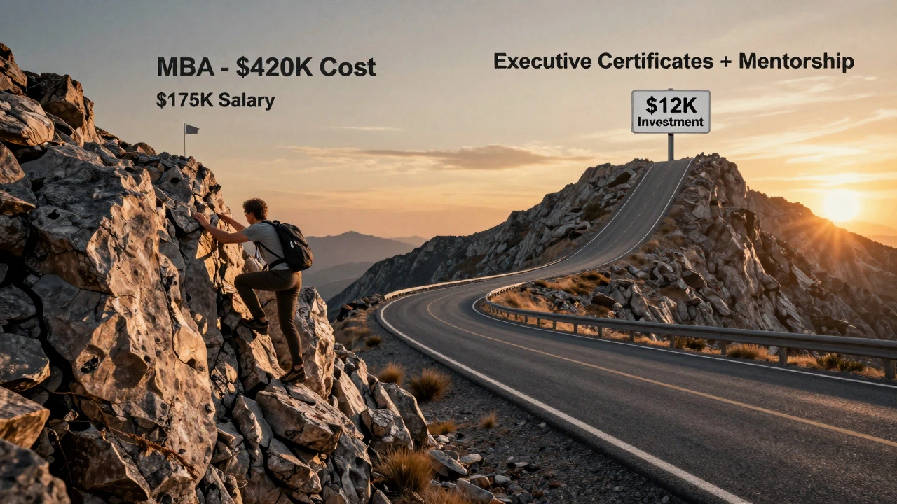 Two career paths converge at a summit: one steep and costly, the other smooth and affordable, under a sunset sky.