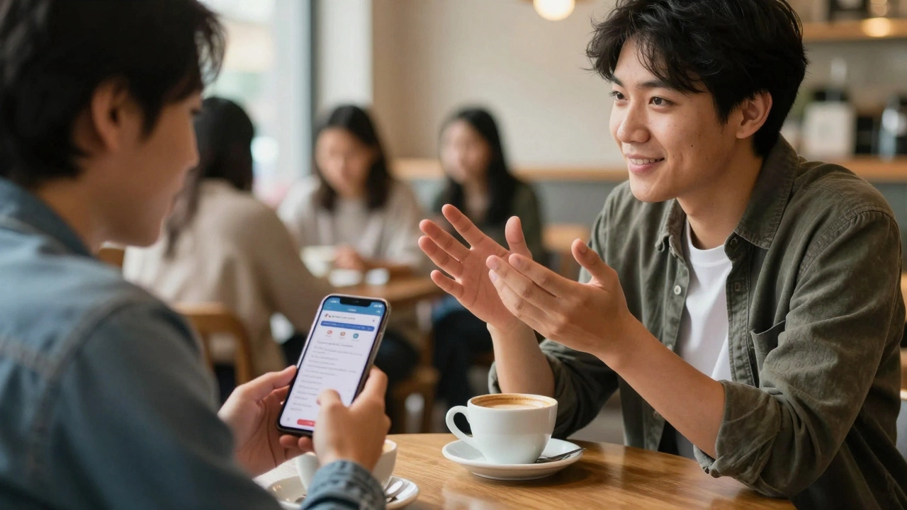 Two people having a supportive conversation about learning English at a café.