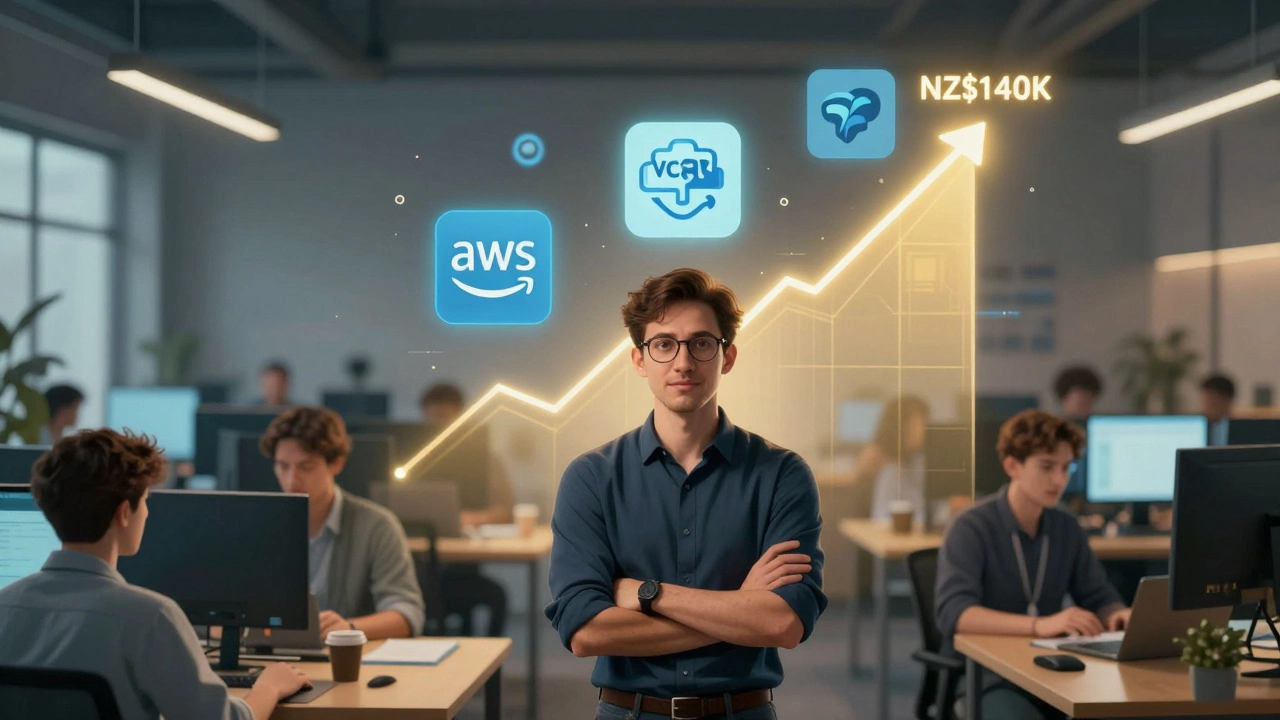 A mid-level developer in Wellington with skill icons floating above, symbolizing career growth and high pay.