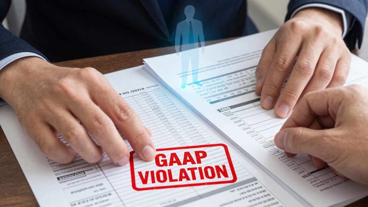 A red audit stamp on financial documents as an unseen auditor watches, symbolizing strict accounting rules.