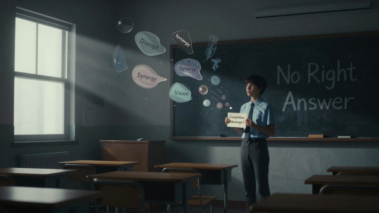 A student facing abstract business concepts that vanish into smoke, under a chalkboard declaring 'No Right Answer'.