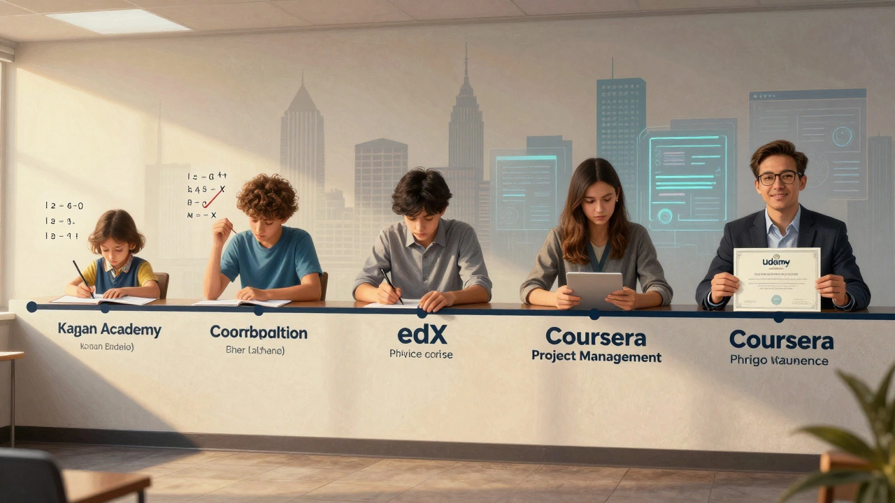 A visual timeline showing a learner’s journey from childhood math with Khan Academy to professional certification with Udemy.